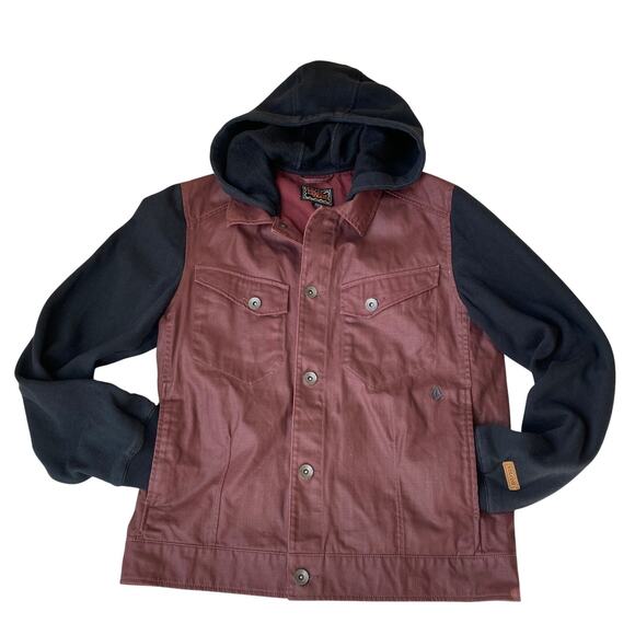 Volcom Mixing Media Hooded Jacket Men Size M Burgundy Black Bikercore Skater - Picture 3 of 12